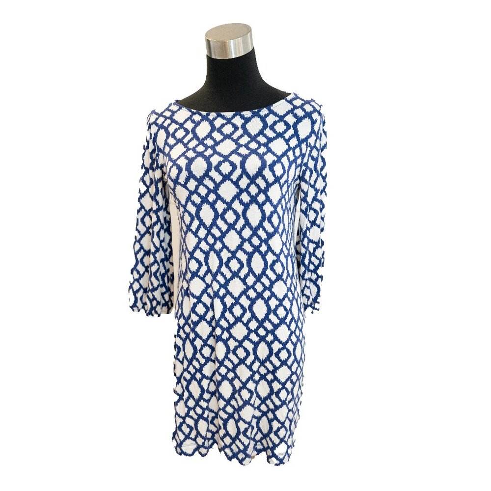 Blue and white pattern swing dress with bell sleeves, looks like Lilly, small